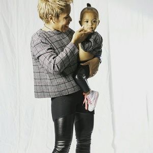 Grey, white, black and magenta plaid T shirt.